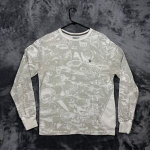 Volcom Thermal Shirt Mens Large Off White All Over Print Skulls Waffle Knit